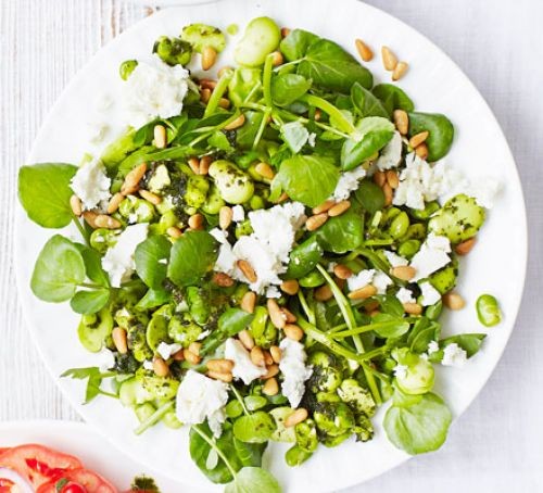 Broad bean, feta and watercress salad on a plate