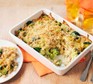 Broccoli cheese with wholemeal pasta & brown breadcrumbs in a baking dish