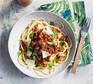 Easy spaghetti bolognese in a bowl with fork
