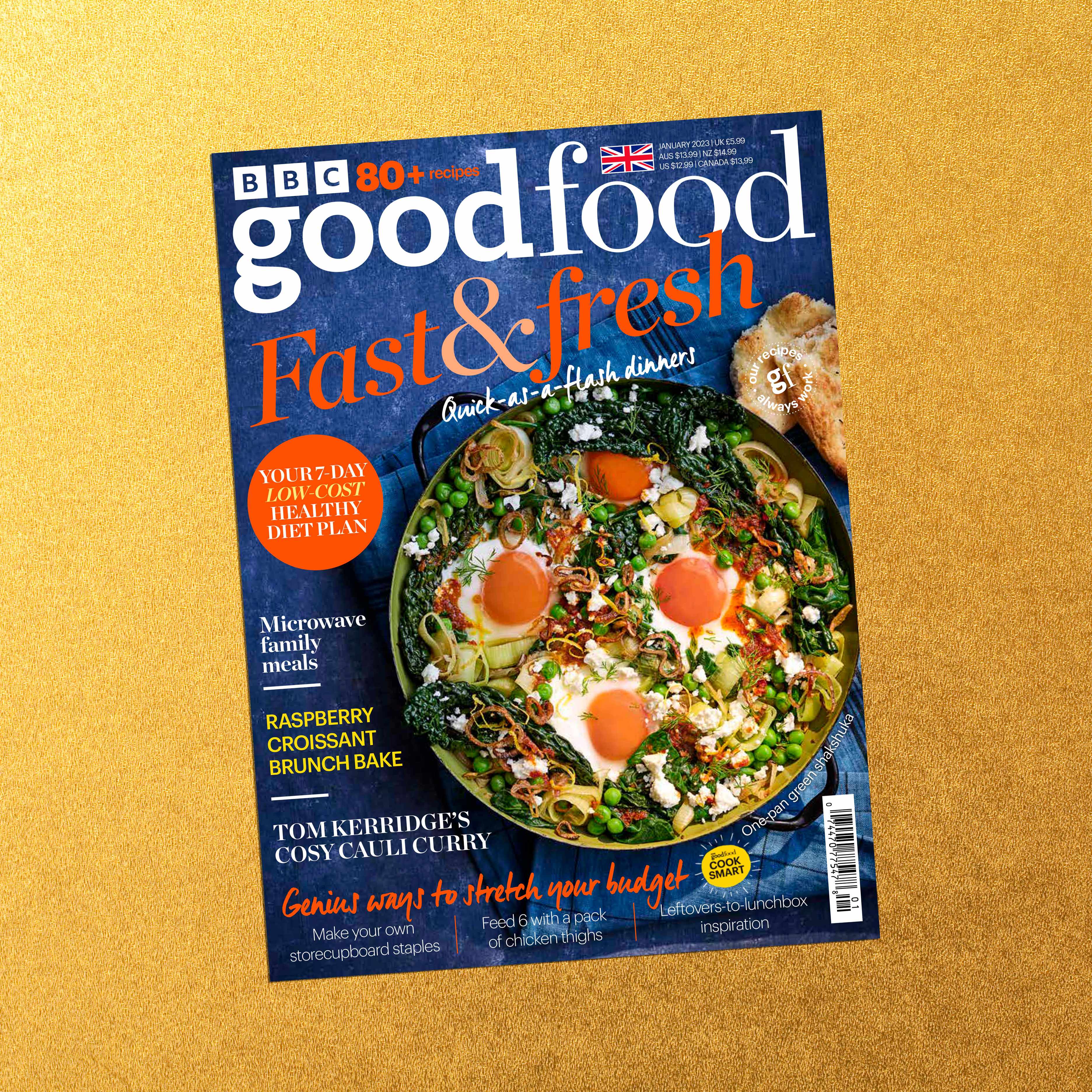 Good Food January 2023 issue on a golden background tilted