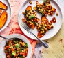 Sweet potato toasts with curried chickpeas served on a plate